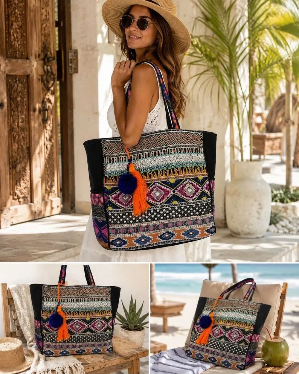 Boho Embroidered Beaded Tote Bag Large Tribal Aztec Weekender Travel Tassel